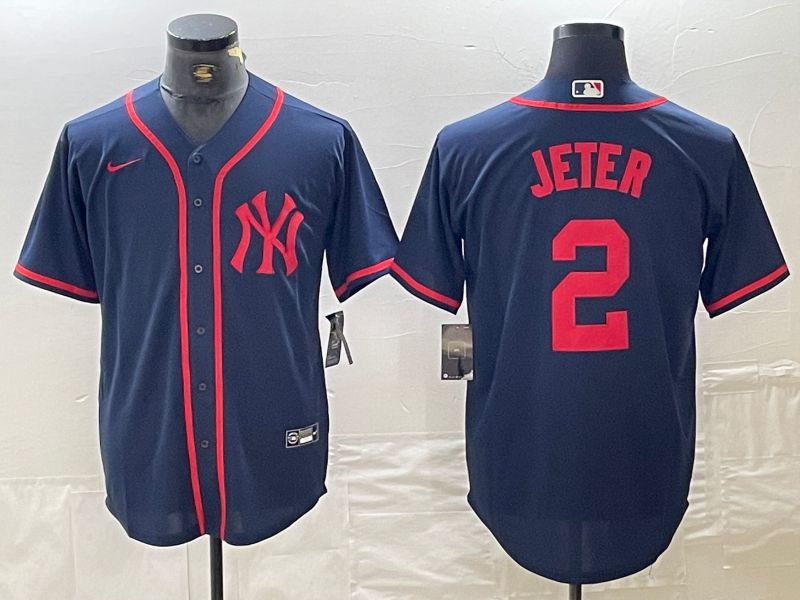 Men New York Yankees 2 Jeter Blue Third generation joint name Nike 2024 MLB Jersey style 1